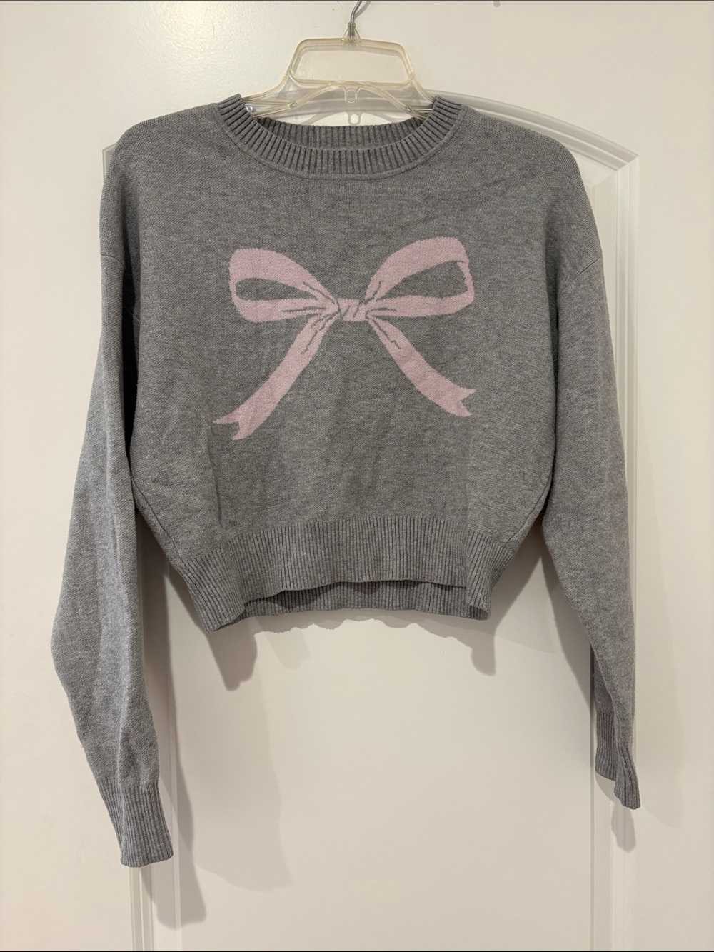Gray Crewneck Sweater with Pink Bow Accent